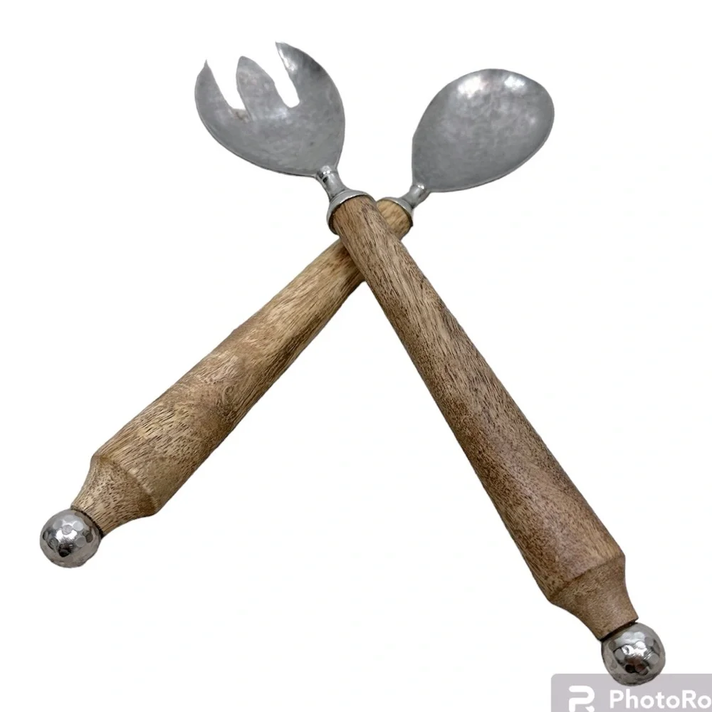 Hammered Metal Salad Serving Set Fork Spoon Wood Handle
